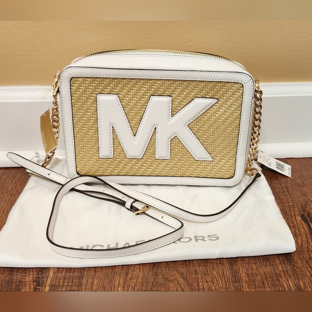NWT Michael Kors Straw And White Crossbody With Dust Bag